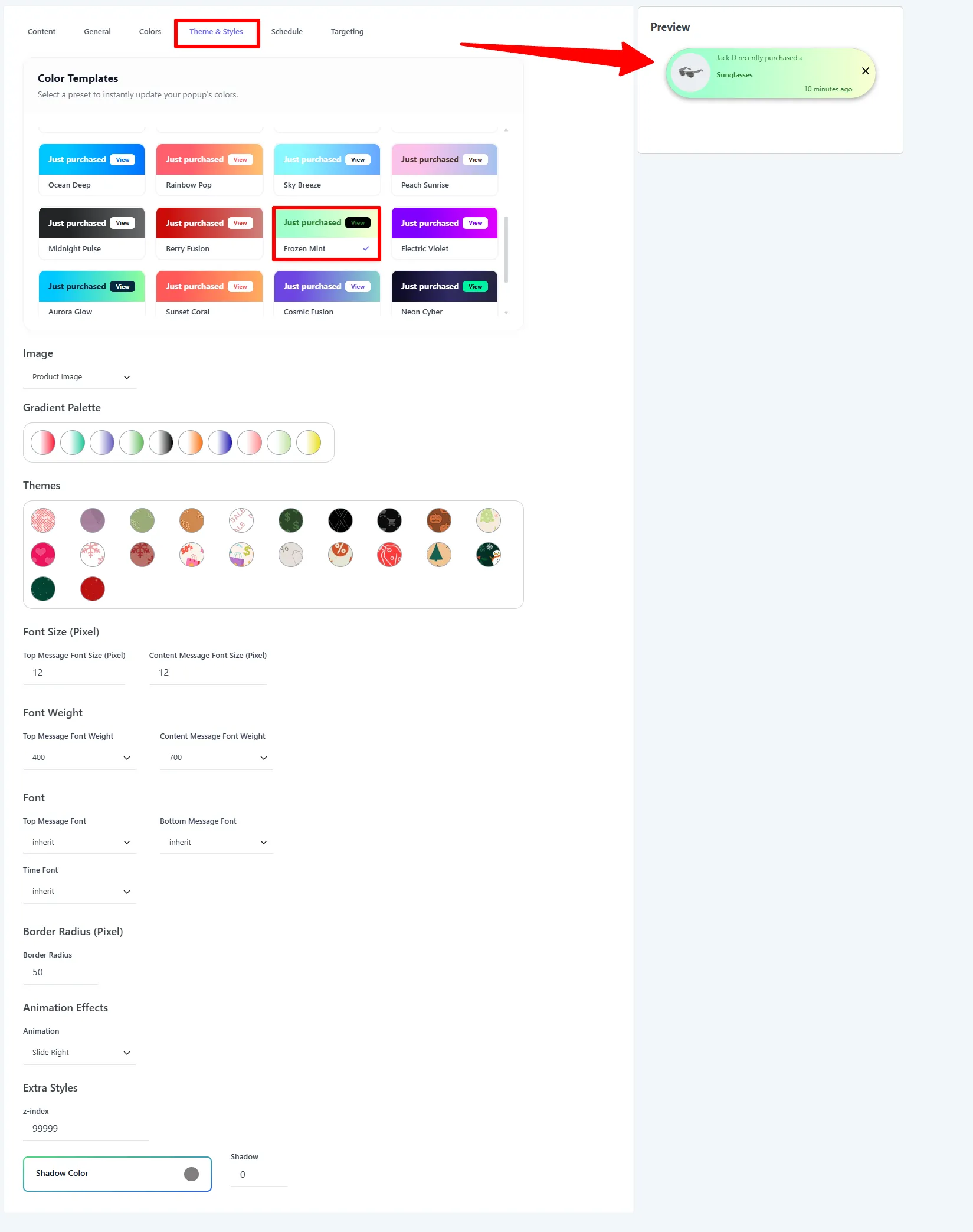 Theme &amp; Styles tab — color templates, image, border radius, and animation