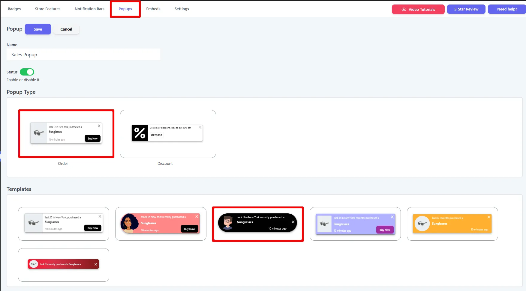 Popups editor — Popup Type set to Order with a template selected