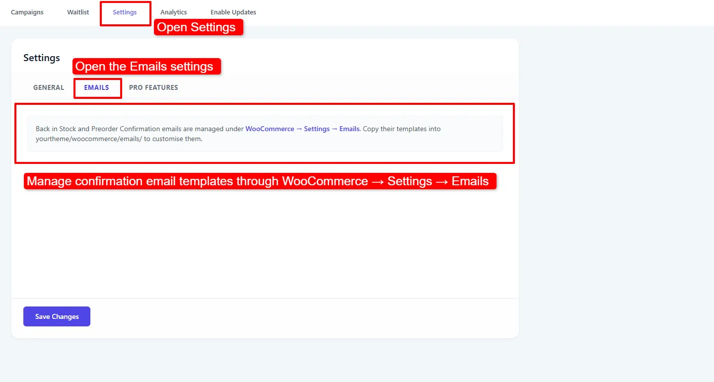 The Emails settings tab pointing to WooCommerce Settings Emails
