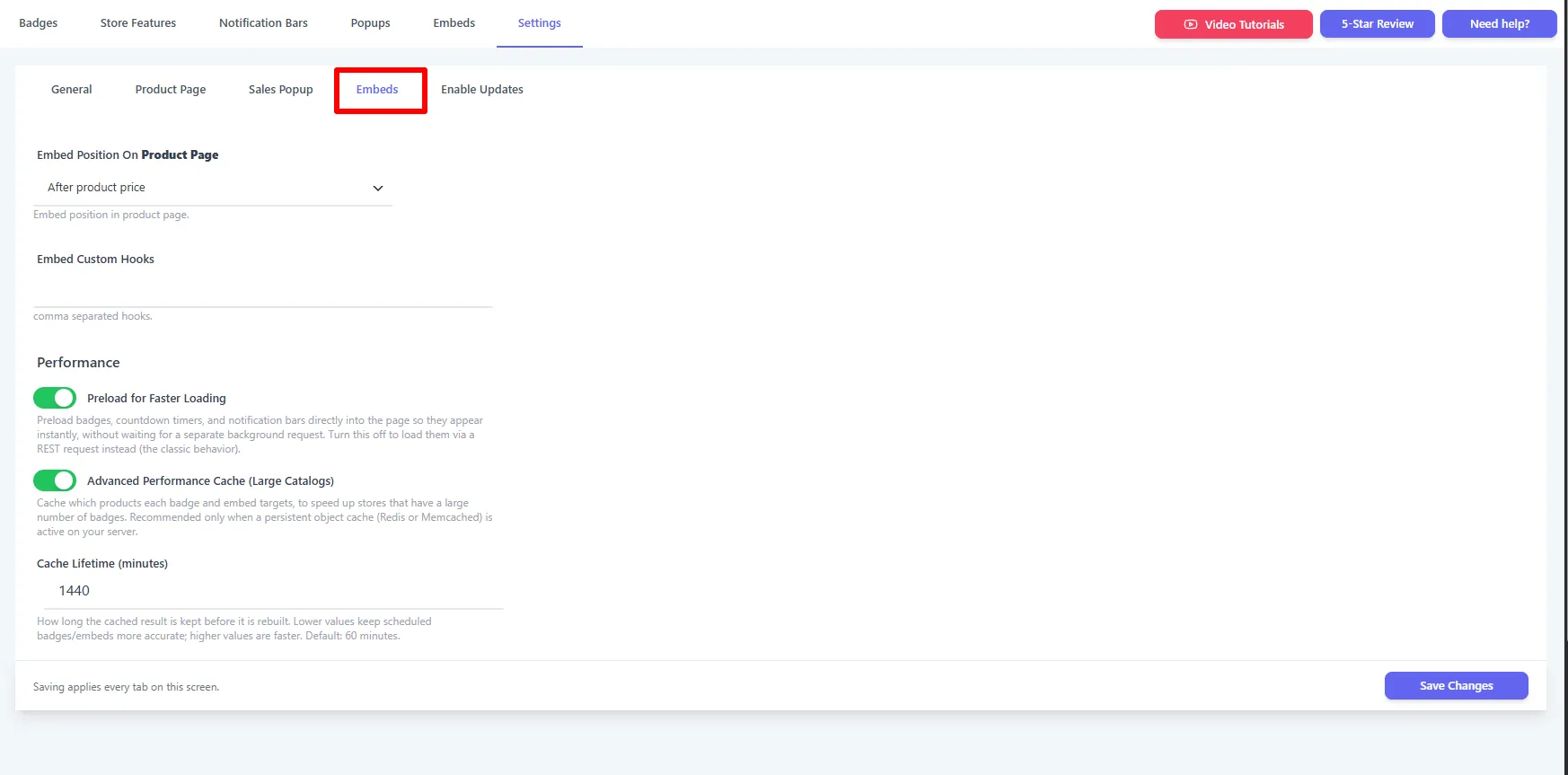 Settings → Embeds sub-tab