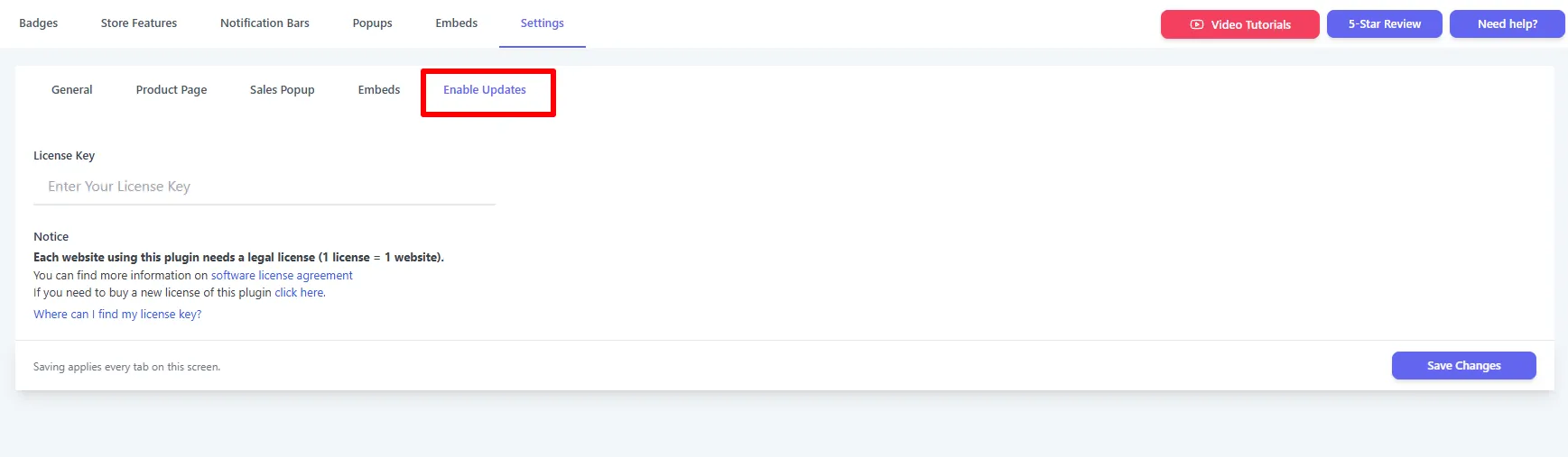 Settings → Enable Updates sub-tab