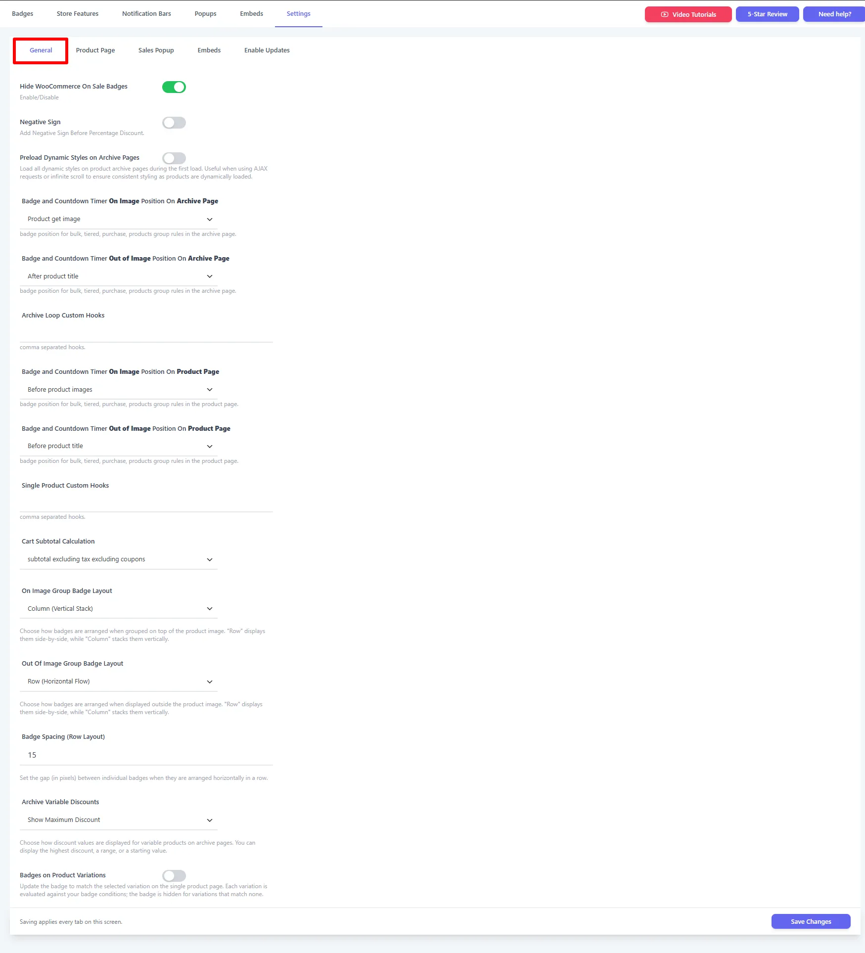 Settings → General position hooks