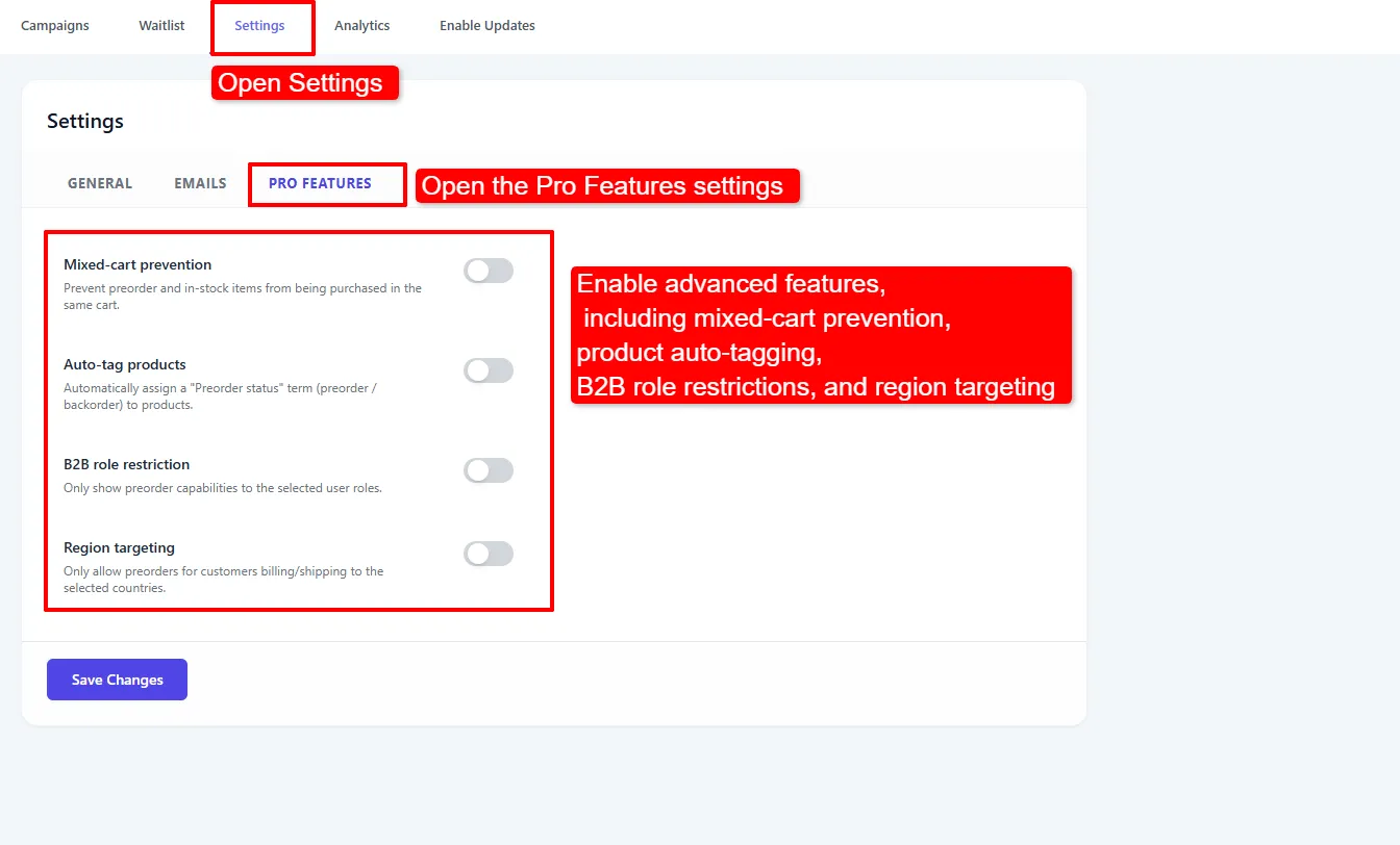 The Pro Features settings tab with four feature toggles