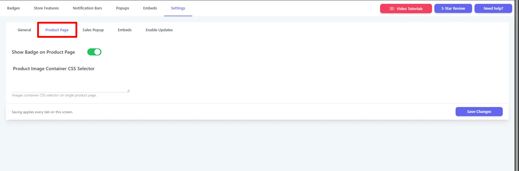 Settings → Product Page sub-tab