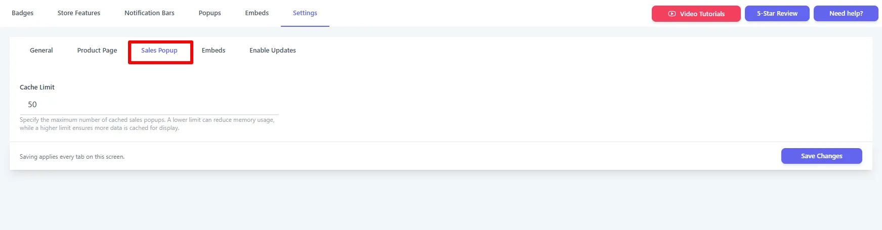 Settings → Sales Popup sub-tab