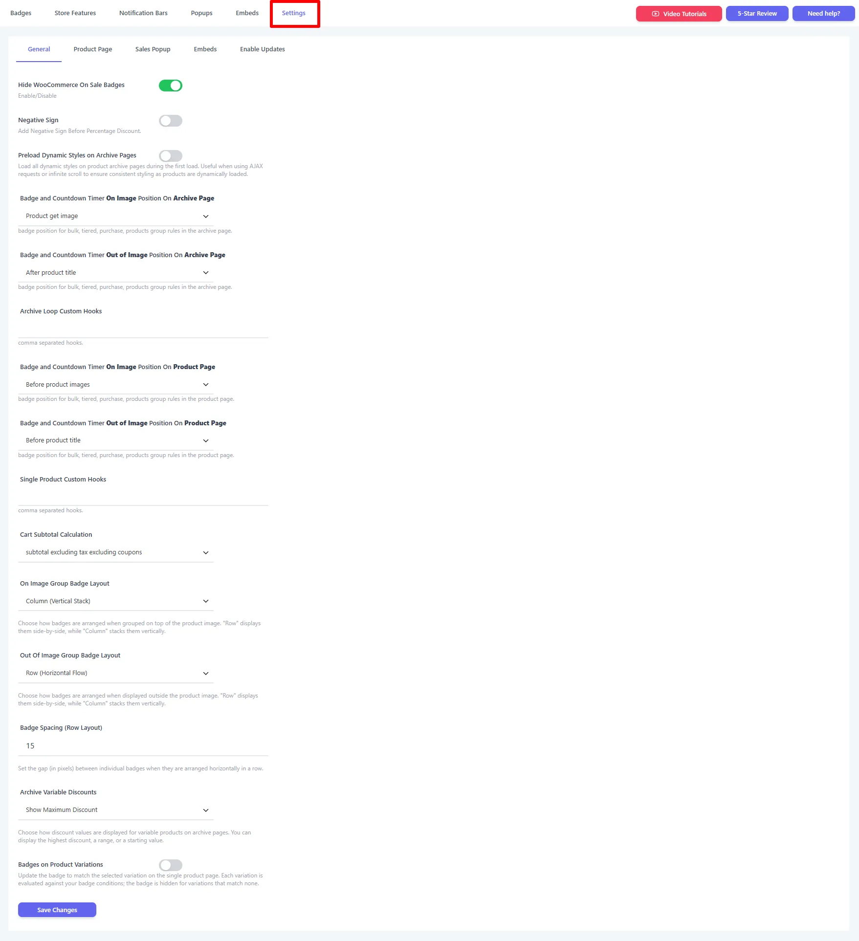 The Settings tab and its sub-tabs