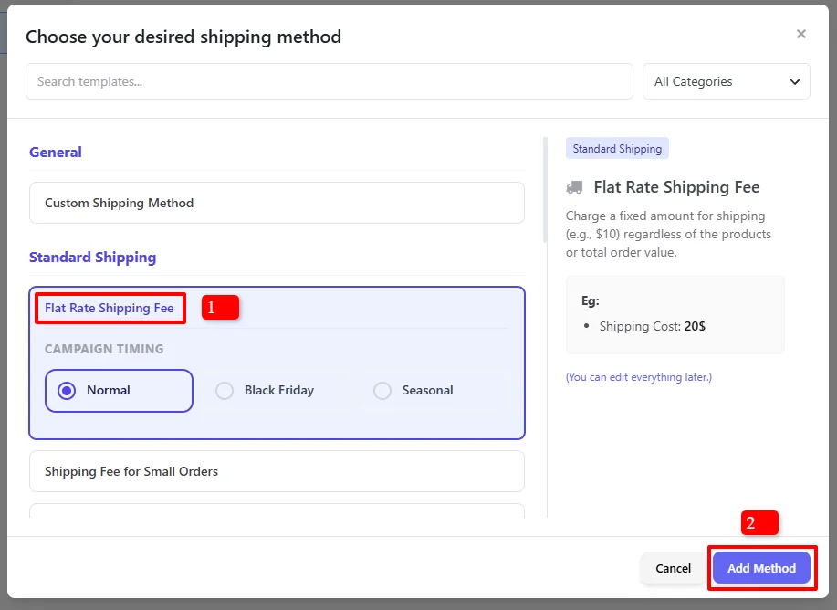 Flat Rate Shipping Fee template selection