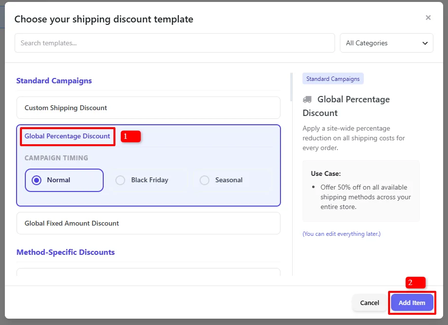 Choose your shipping discount template - Global Percentage Discount