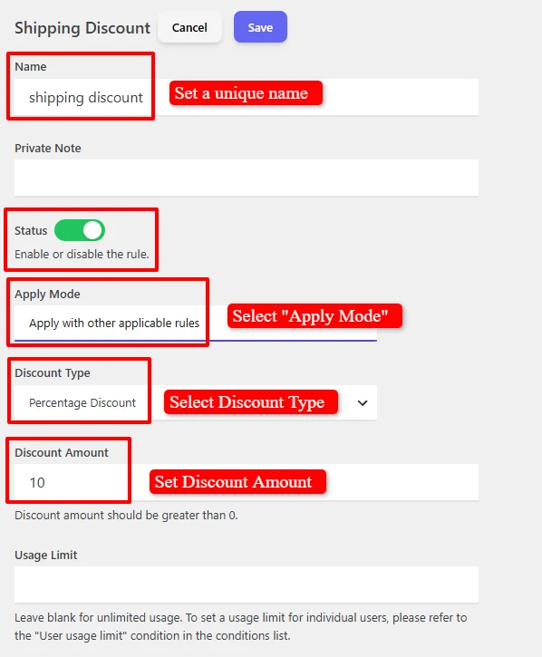 Configure Shipping Discount rule settings