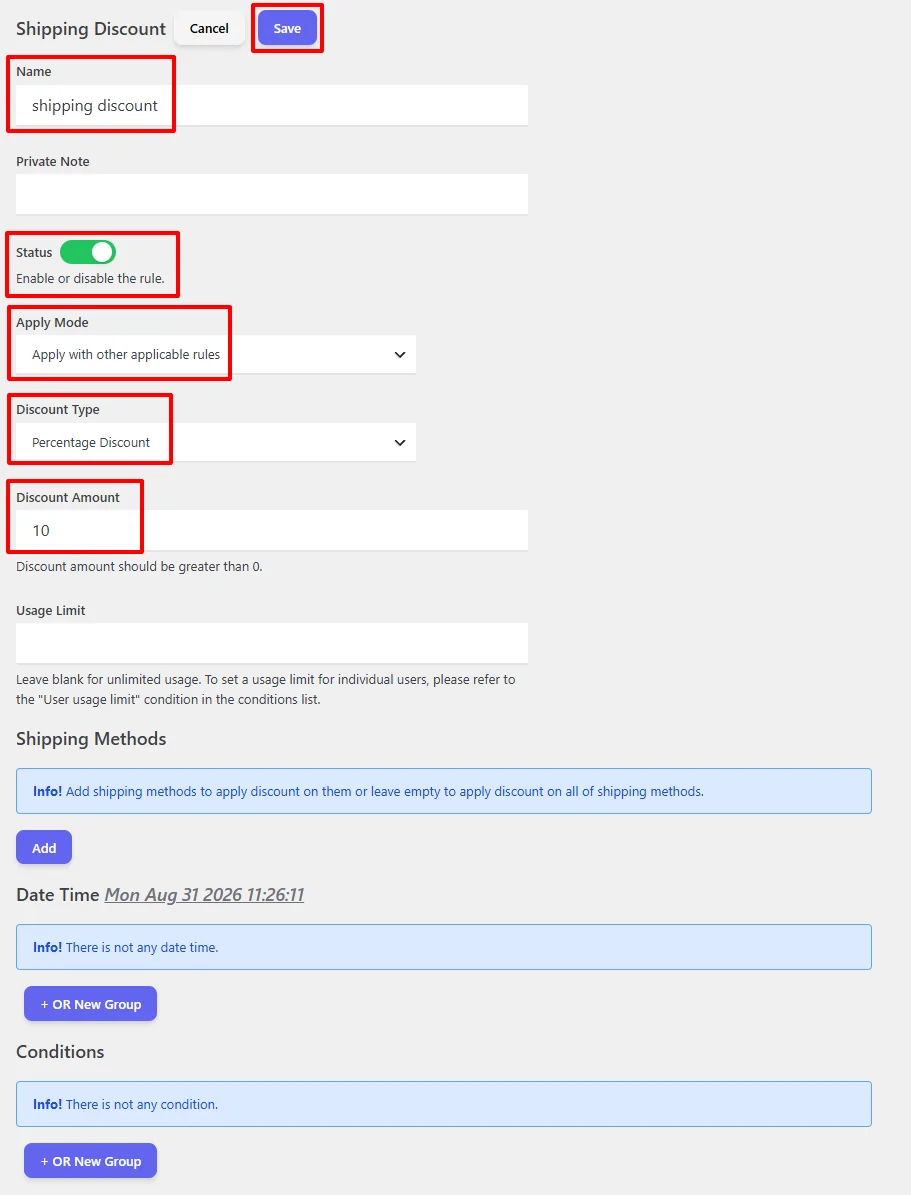 Full shipping discount rule configuration