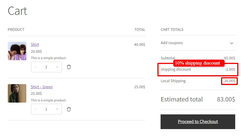 10% Shipping Discount applied in WooCommerce Cart