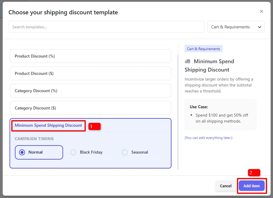 Choose your shipping discount template - Minimum Spend Shipping Discount