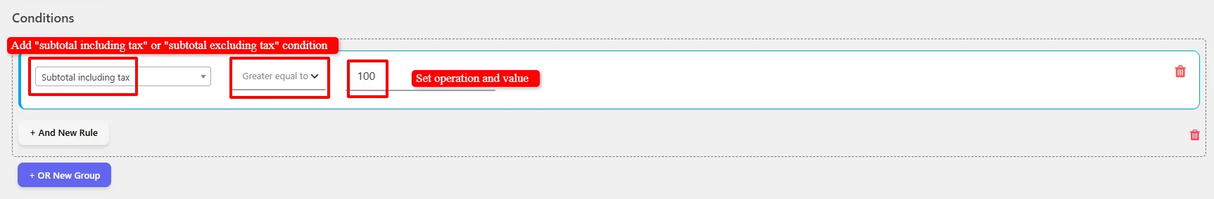 Set minimum spend subtotal condition