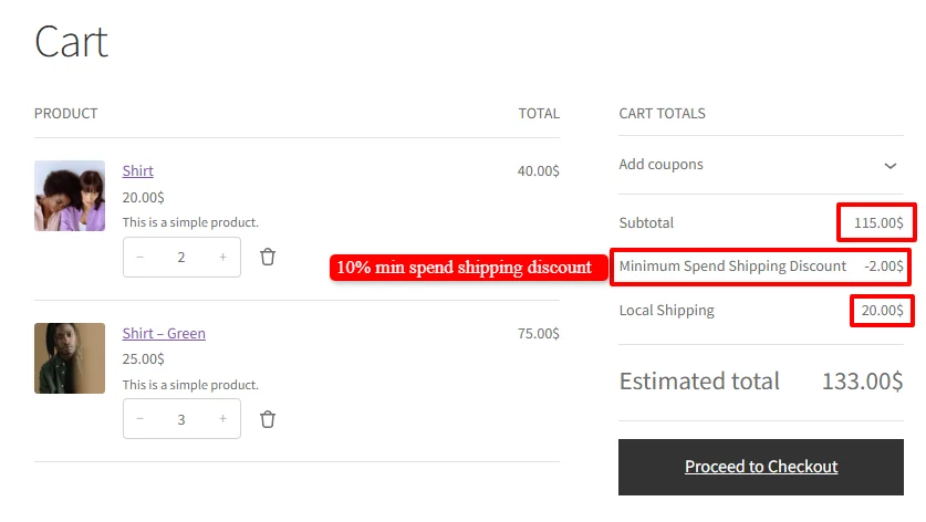 Minimum spend shipping discount applied in WooCommerce cart