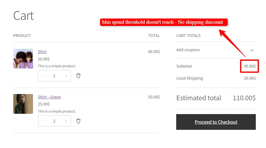 No shipping discount when subtotal is below minimum spend