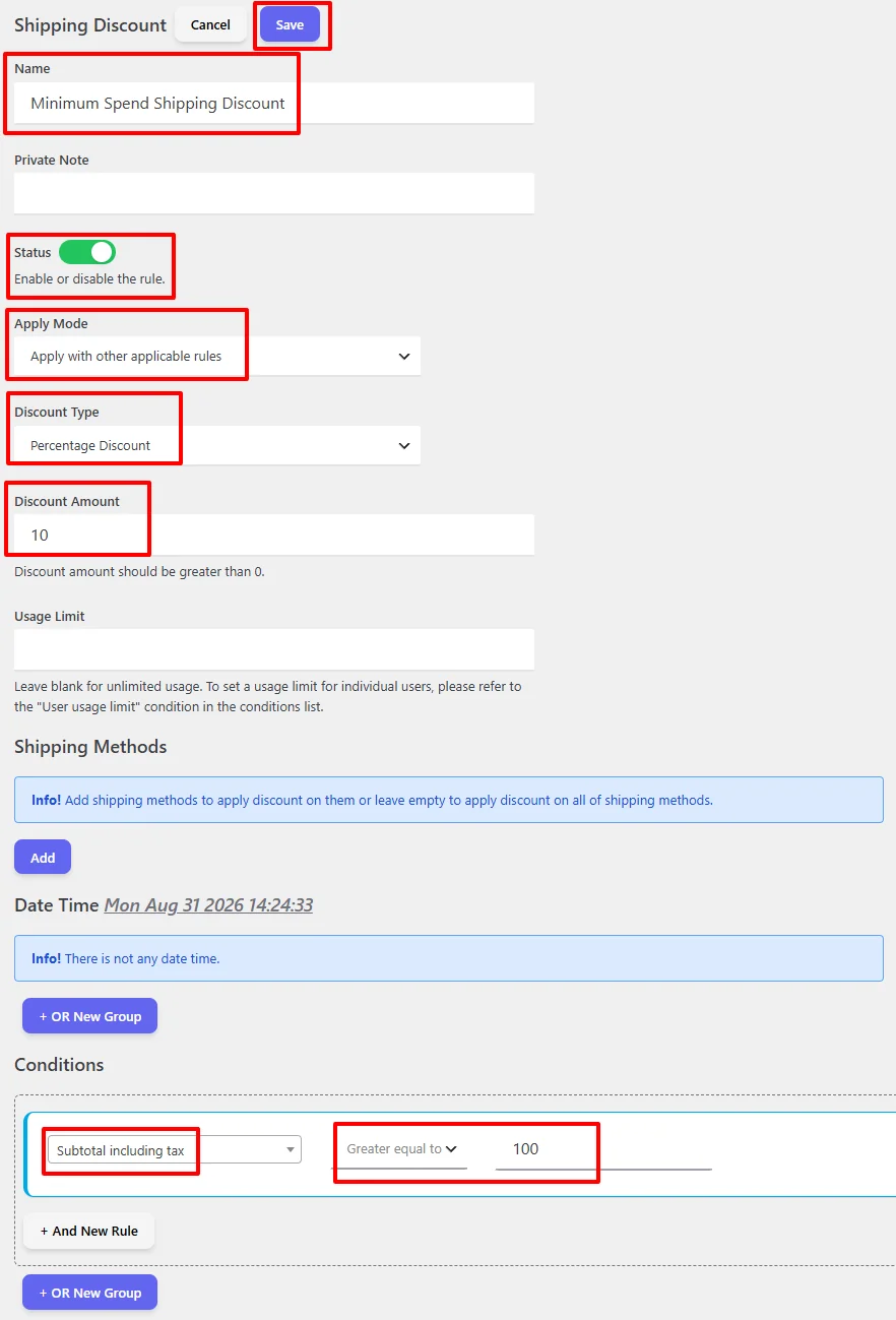 Full Minimum Spend Shipping Discount rule configuration