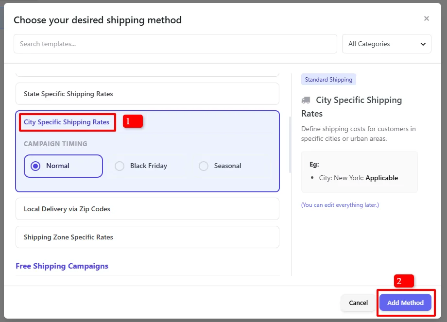 City Specific Shipping Rates template