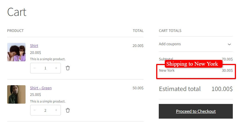 Location-based shipping applied in cart