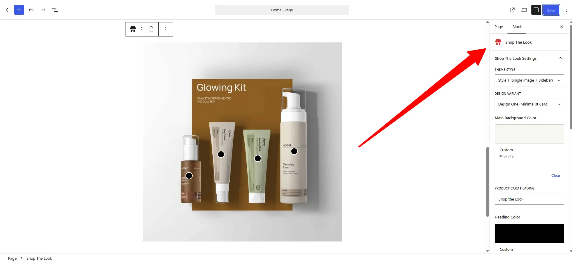 Shop The Look block selected, with its sidebar settings