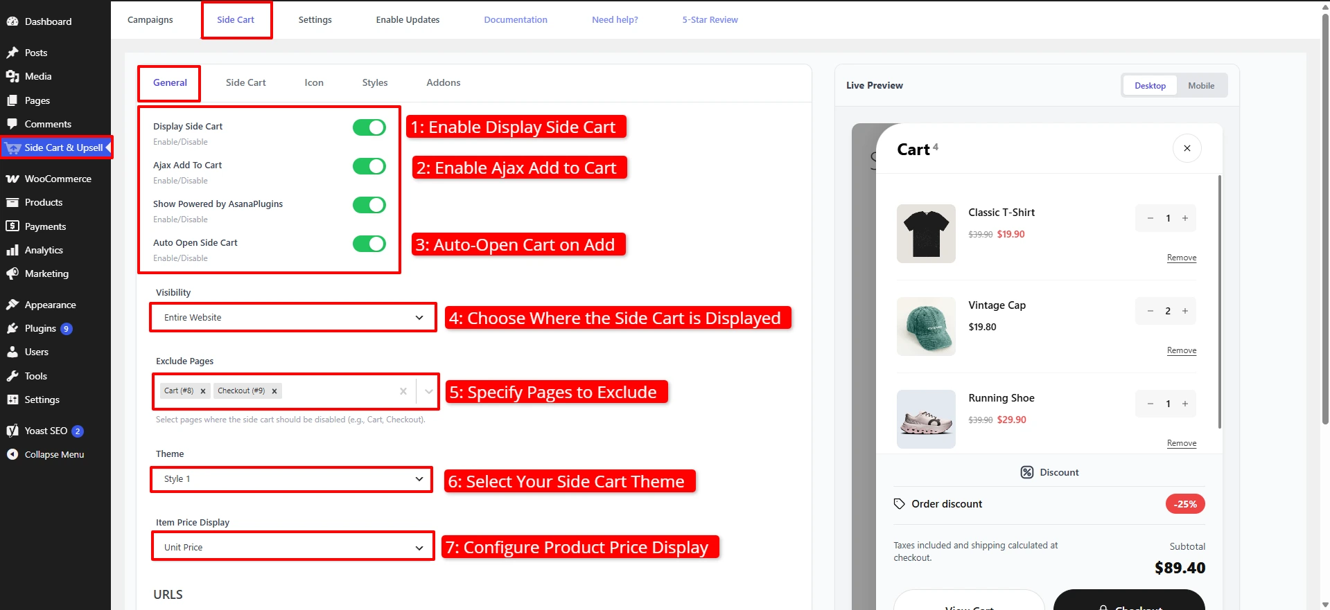 Side Cart General settings — display, ajax, auto‑open, visibility, theme, price display