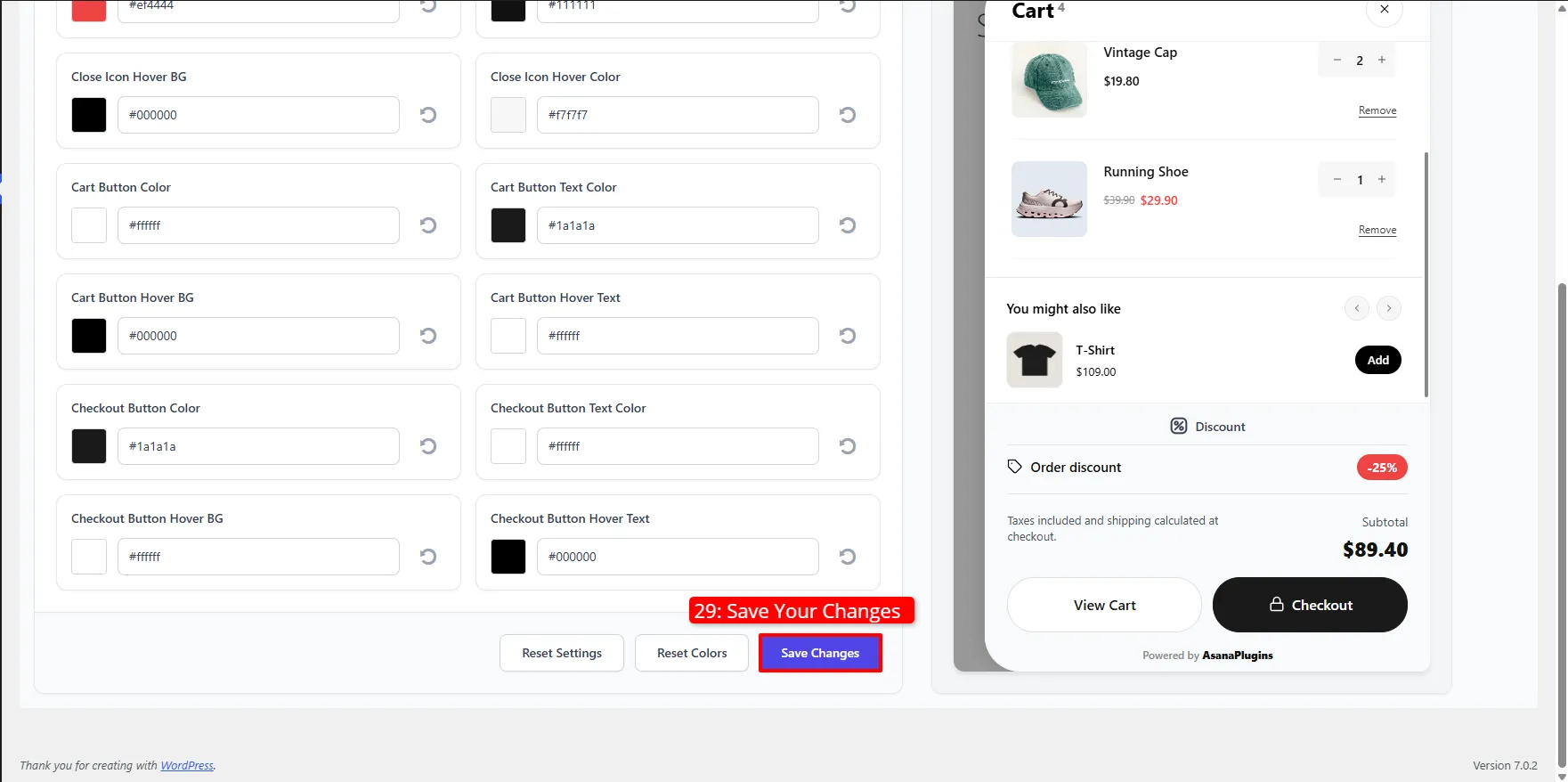 Side Cart Styles — button colors and Save Changes