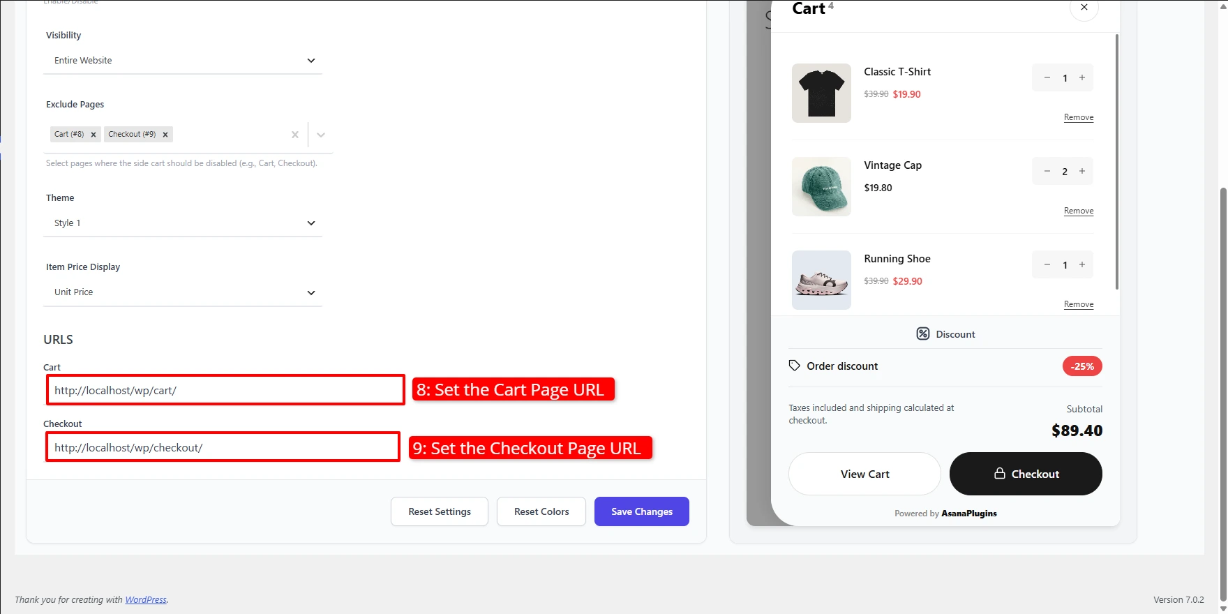 Side Cart General settings — Cart and Checkout URLs