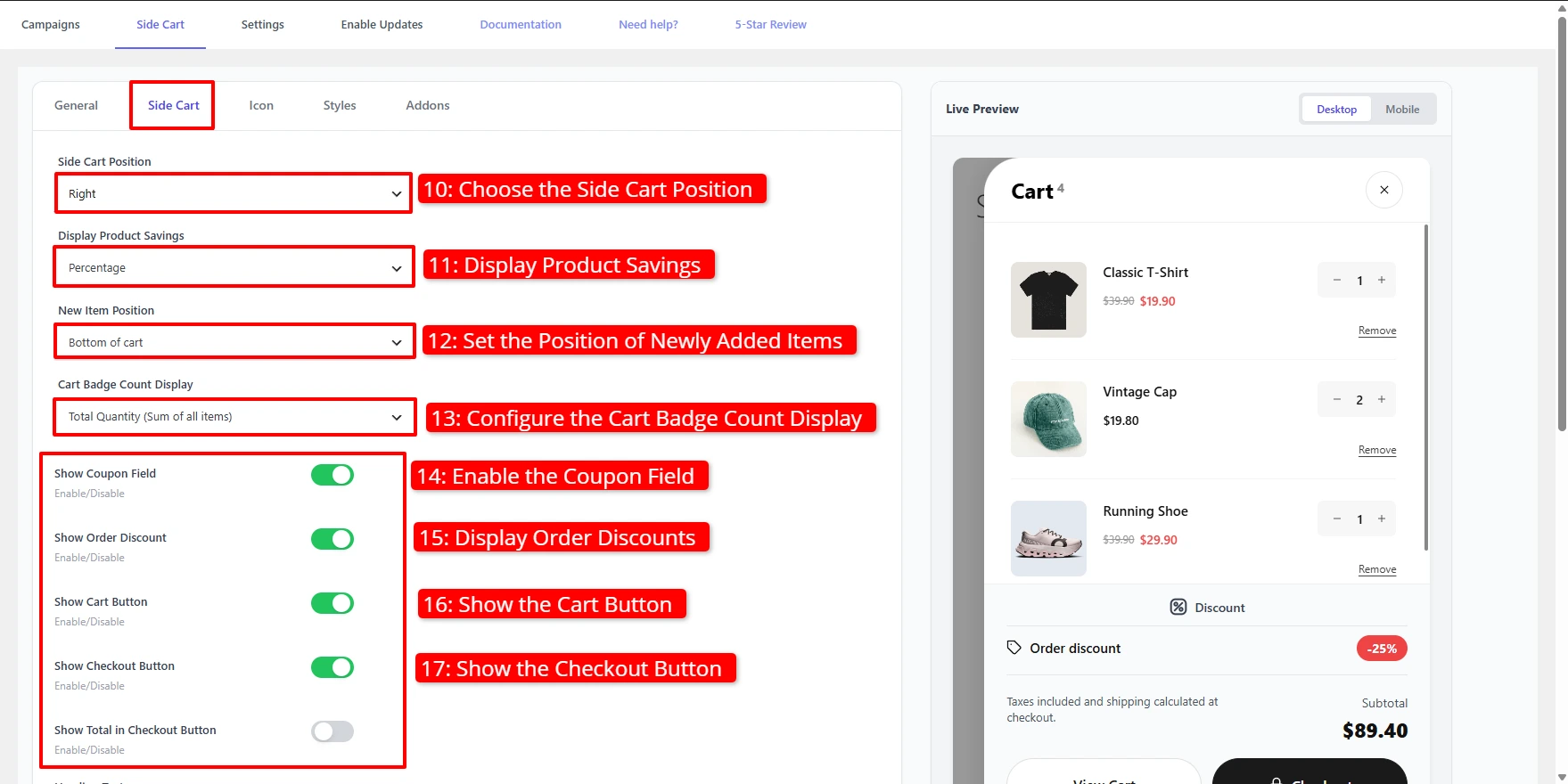Side Cart drawer content settings — position, savings, badge count, buttons