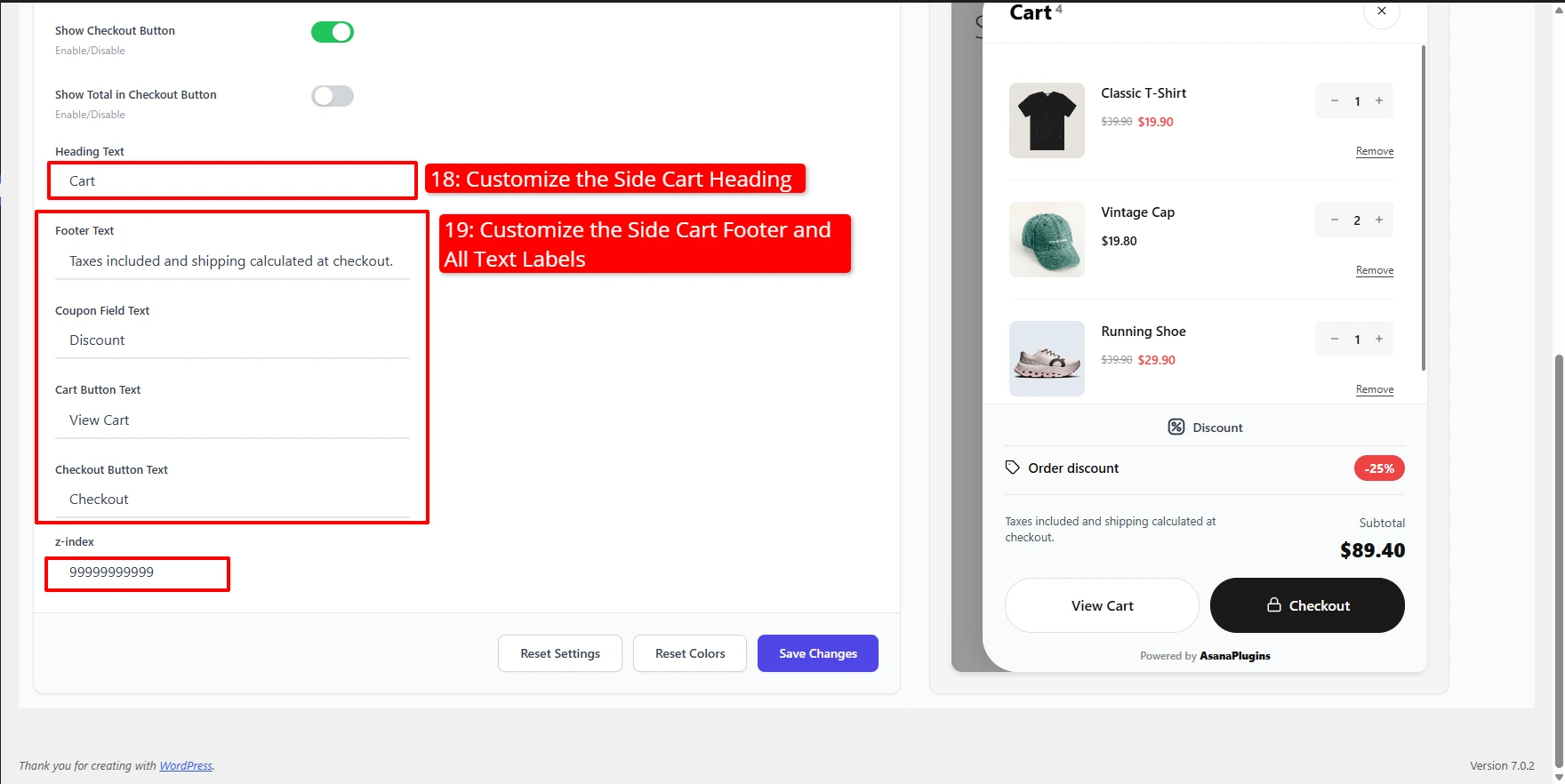 Side Cart labels and z-index settings