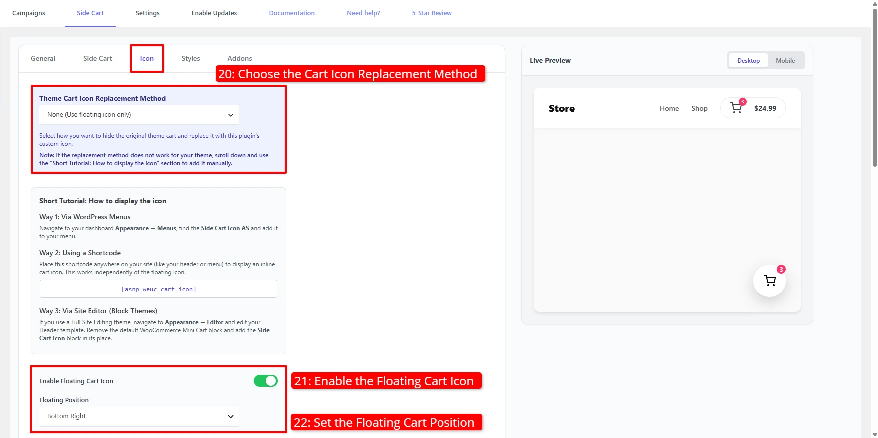 Side Cart Icon settings — replacement method and floating icon