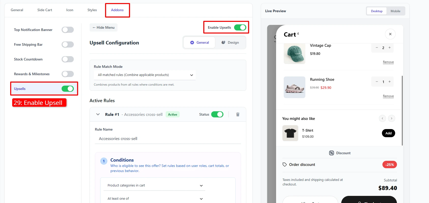 Side Cart Addons tab with Upsells enabled