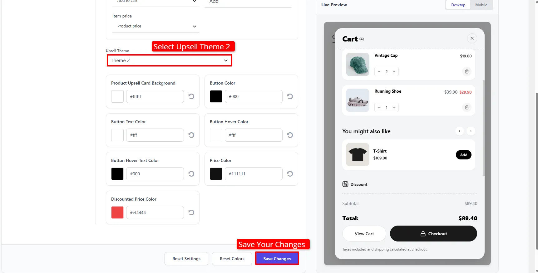 Side Cart Upsells Design tab with Theme 2 selected
