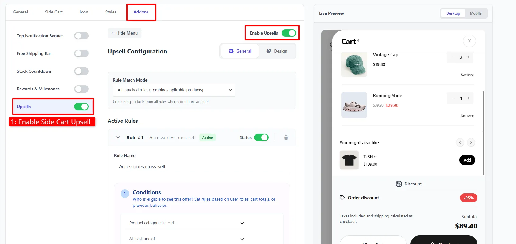 Side Cart Addons tab with Upsells enabled