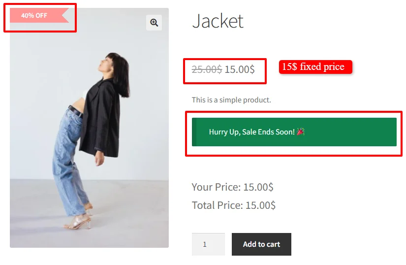 Selected product discount on product page