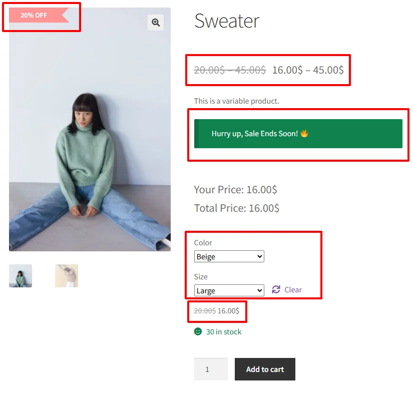 Selected variation discount on product page
