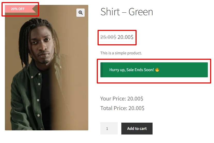 Selected category discount on product page