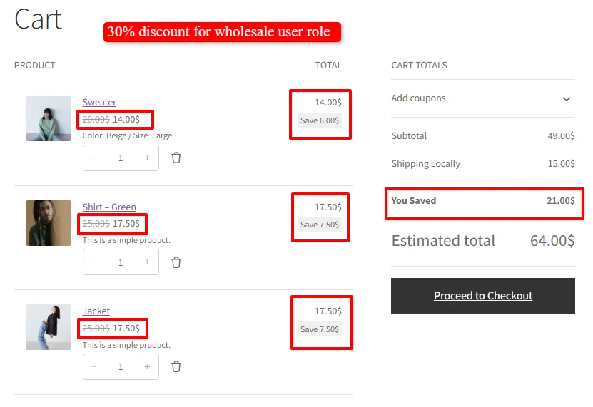 Role based discounts applied in cart