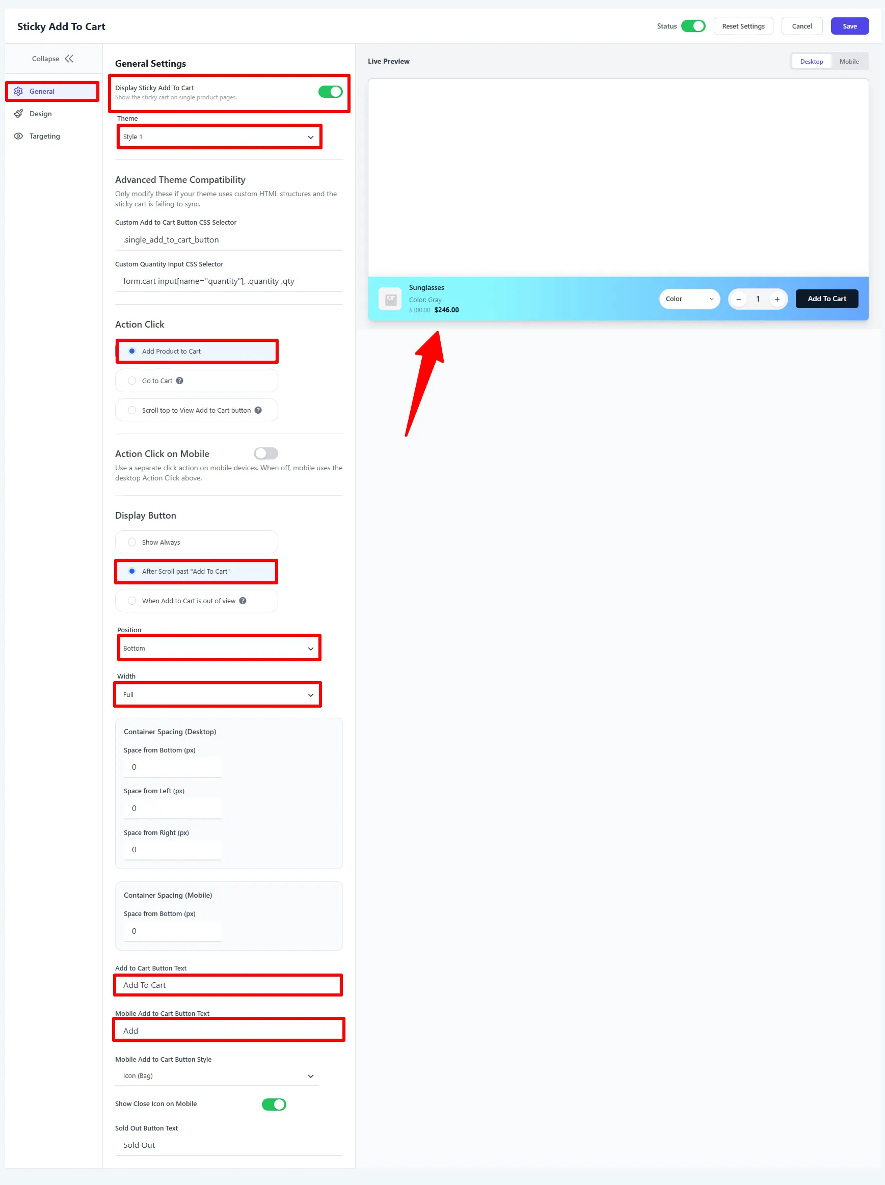 General tab: theme, action click, display button, position, and button text
