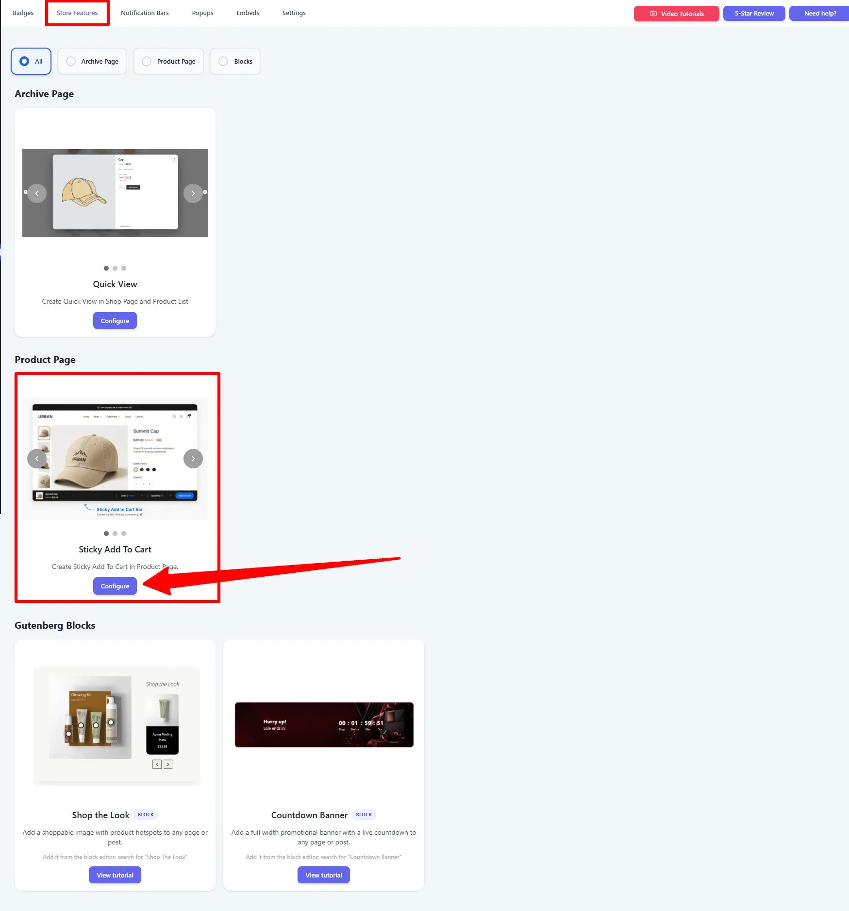 The Store Features tab: Quick View, Sticky Add to Cart, and the Gutenberg blocks