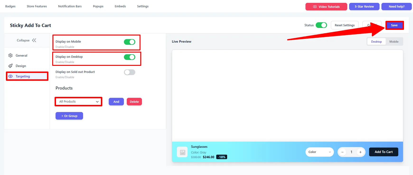Targeting tab: device toggles, sold-out option, and product rules
