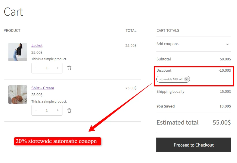 Automatic coupon applied in cart