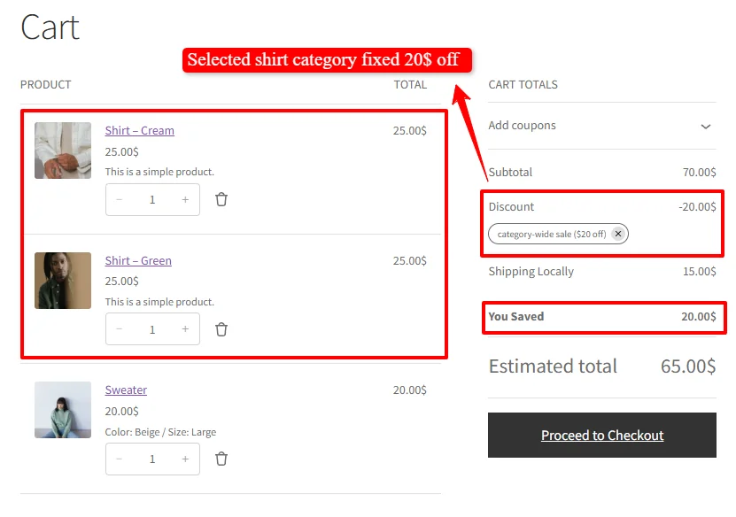 Fixed $20 discount applied to category