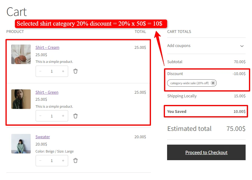 20% discount applied per category item
