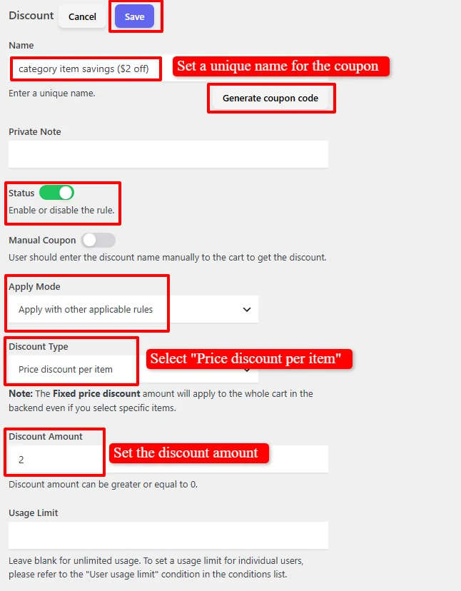 Price discount per item configuration