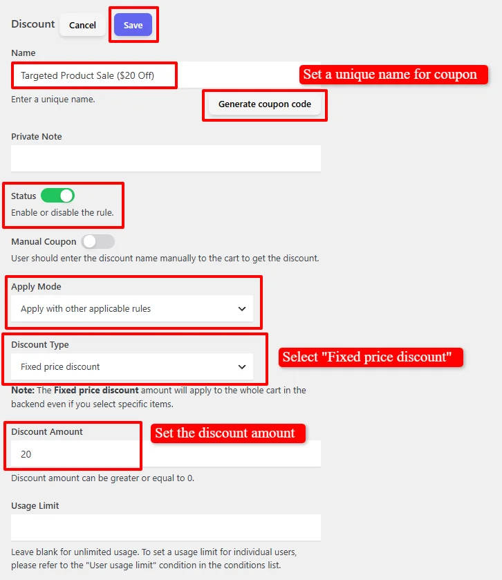 Fixed price discount configuration