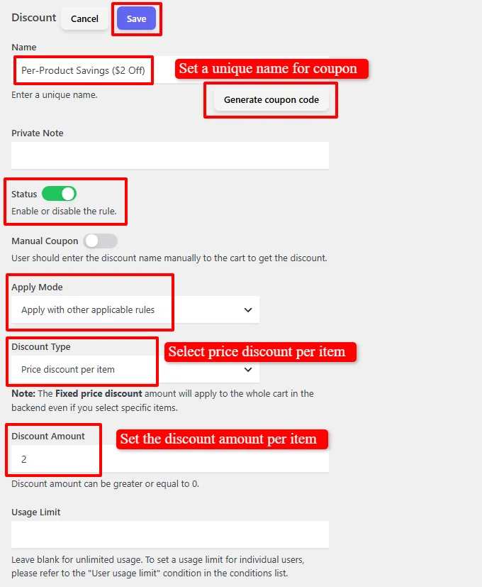 Price discount per item configuration