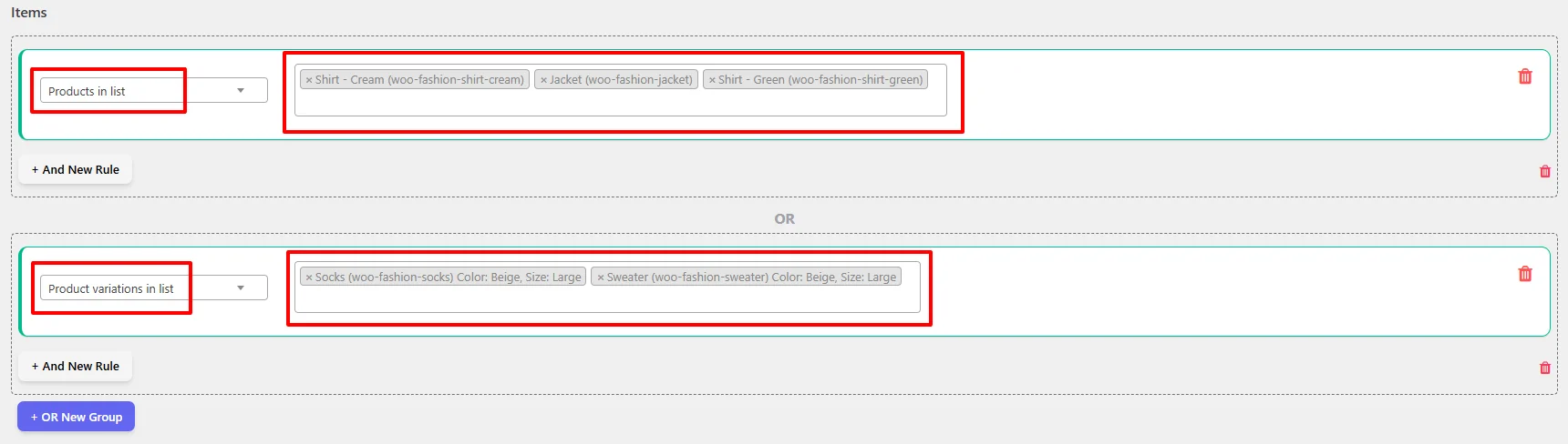 Select targeted products and variations