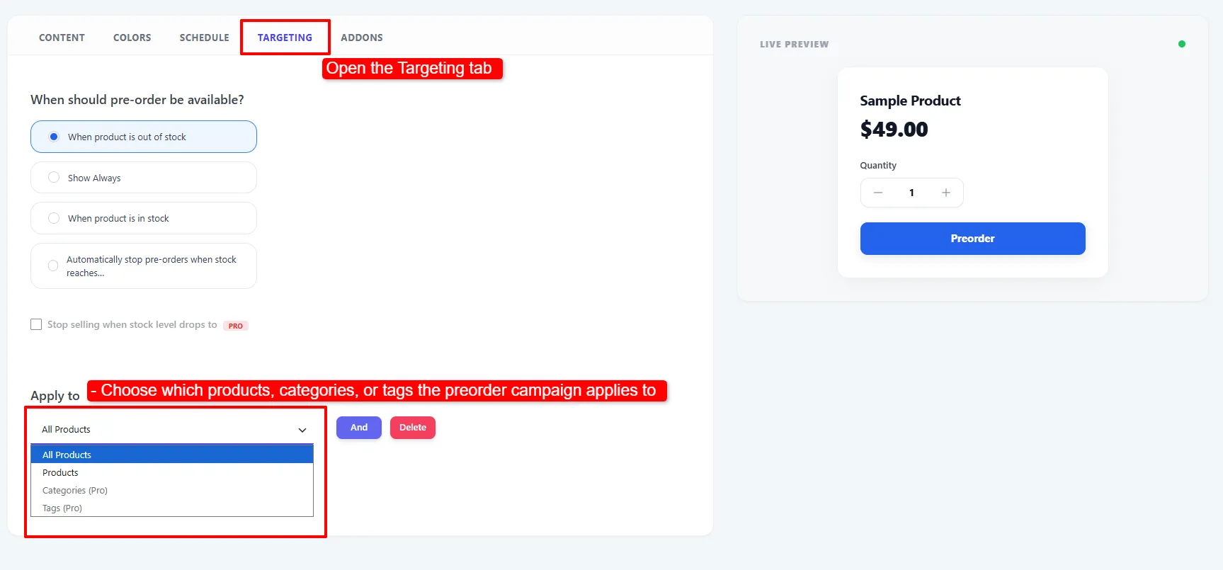 The Targeting tab with the Apply to dropdown open showing All Products, Products, Categories and Tags