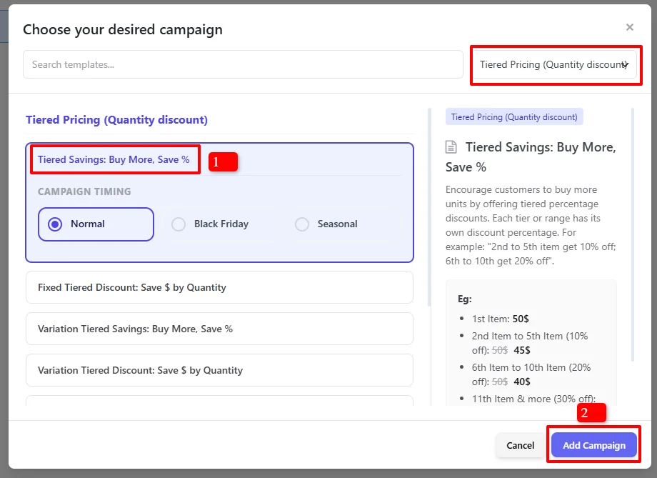 Tiered Pricing template selection