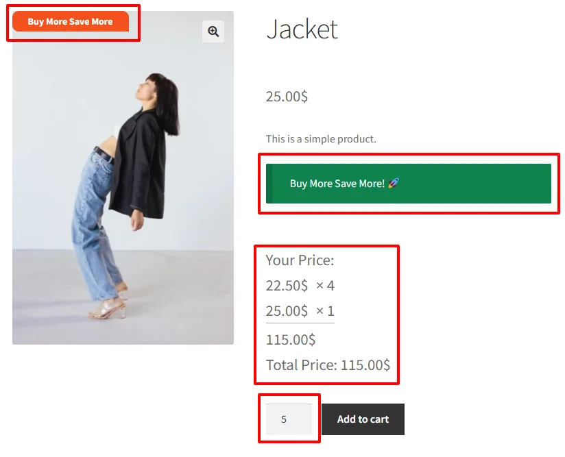 Tiered discount on product page with 5 items