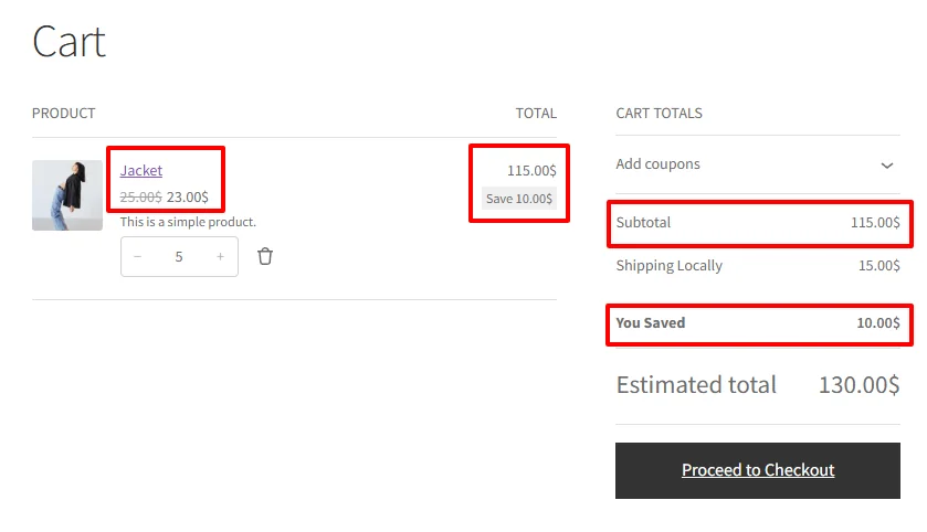 Tiered discounts applied in cart with 5 items